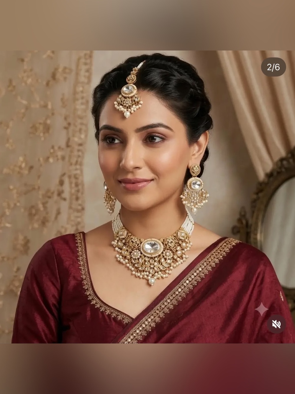 Gold-Tone Kundan Pearl Necklace Set with Maang Tikka - Cream and Gold
